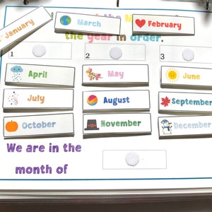 Può includere: Un calendario educativo colorato con i mesi dell'anno visualizzati su schede rettangolari. Ogni mese è rappresentato con un'immagine e il nome del mese. È visibile anche il testo "We are in the month of".