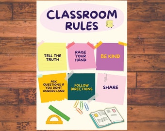Classroom rules, classroom poster, be kind, tell the truth, Follow directions, Share, ask questions, raise your hand, printable download