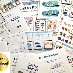 May include: A collection of printable educational worksheets for children. The worksheets feature various activities, including counting, letter recognition, and matching. The worksheets are designed to help children learn basic skills.