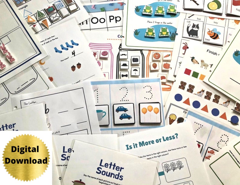 May include: A collection of printable educational worksheets for children. The worksheets feature various activities, including counting, letter recognition, and matching. The worksheets are designed to help children learn basic skills.