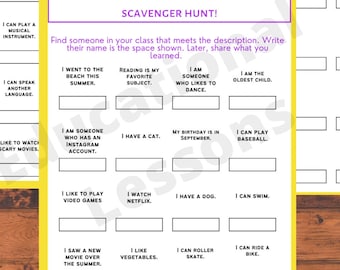 First day of school, Scavenger hunt, Ice breaker, get to know you, first day of school activity