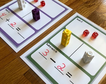 Addition activity, Subtraction Activity, Math Dice Game Printable, Homeschool Worksheet, Kids Math Activity, Kindergarten Counting Practice