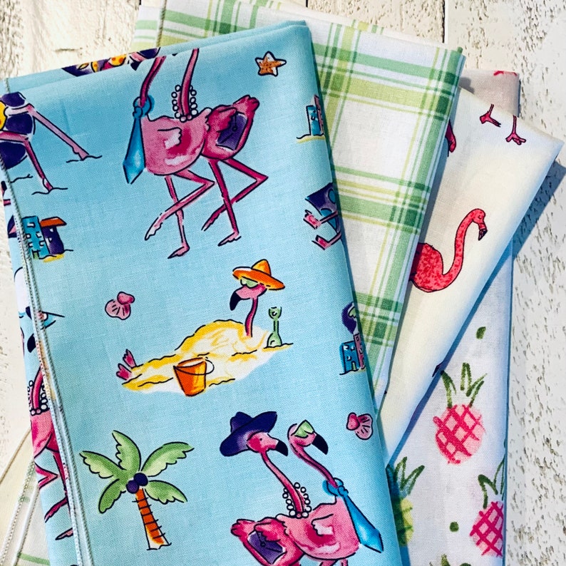 Set of 4 Large Cotton Napkins 18x18 Pink Flamingo Pineapple Green Plaid and Beach Flamingo