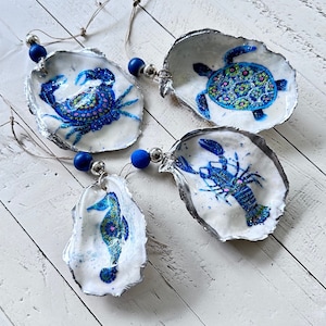 Sea Creatures Oyster Keepsake ornament, Decoupage oyster  shell art, Handmade in Maine