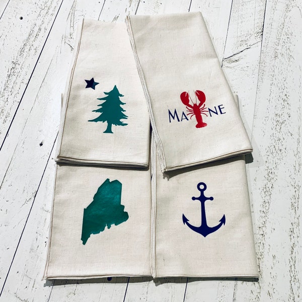 Set of 4 Large Cotton Napkins  18”x18”, State of Maine theme. Maine Flag 1901, Lobster Anchor,