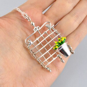 Window grille necklace with flower pot, silver necklace, nature necklace, silver and enamel choker, nature jewelry, grid with flower pot