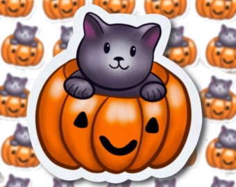 Cat in Pumpkin Vinyl Sticker: Kawaii Halloween Autumn Decor