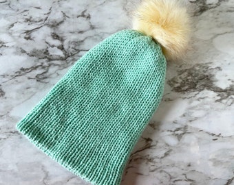 Seafoam Green Knit Beanie with removable faux fur pom pom