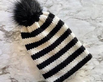 Striped Beanie with Faux Fur Pom Pom - Black and Beige Winter Hat