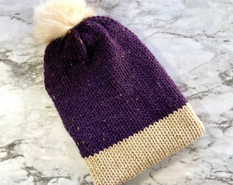 Purple Tweed Beanie with Faux Fur Pom Pom - Double Thickness Winter Hat