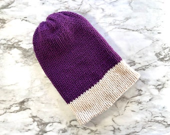 Purple & Beige Faux Brim Beanie: Double Thick Acrylic Winter Hat