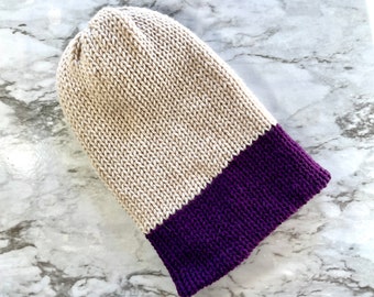 Handmade Beige & Purple Beanie: Double Thick Acrylic Winter Hat