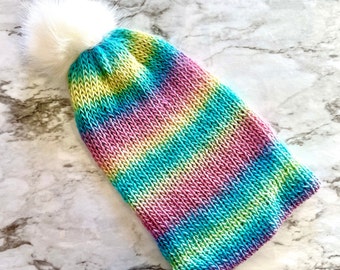 Pastel Rainbow Knit Beanie: Faux Fur Pom Pom, Double Layer