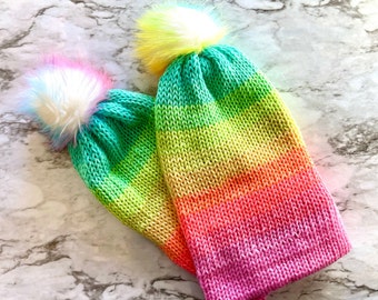 Rainbow Knit Beanie with Faux Fur Pom Pom - Handmade Winter Hat