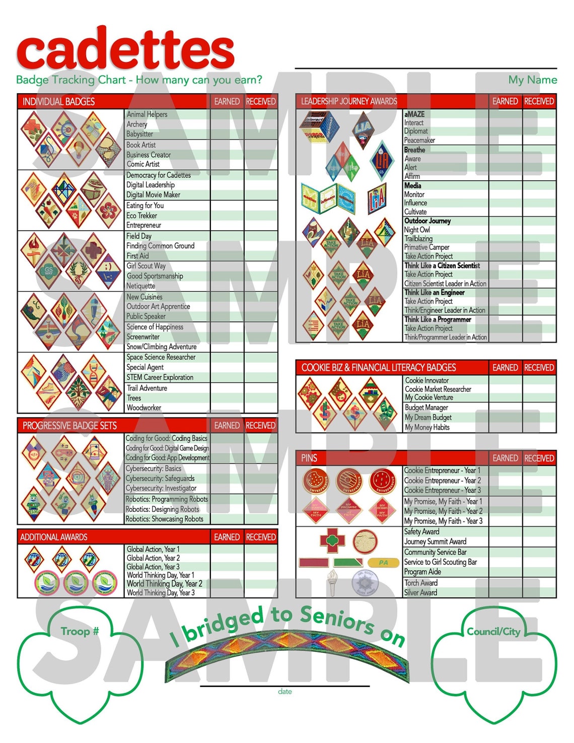Girl Scouts Cadette Badge Tracking Chart Instant Download Etsy