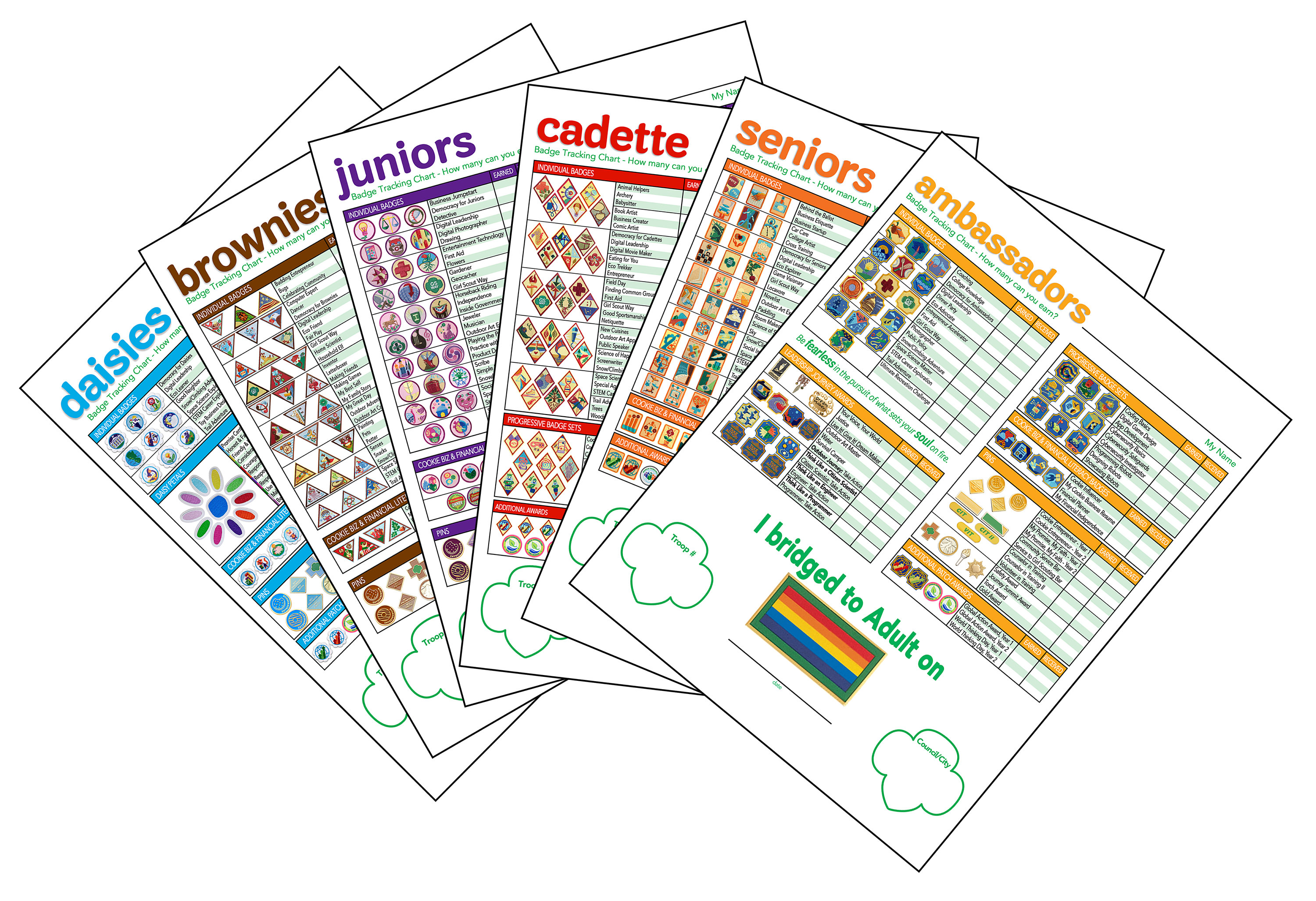 Girl Scouts ALL 6 LEVELS Badge Tracking Charts UPDATED for 2023/2034