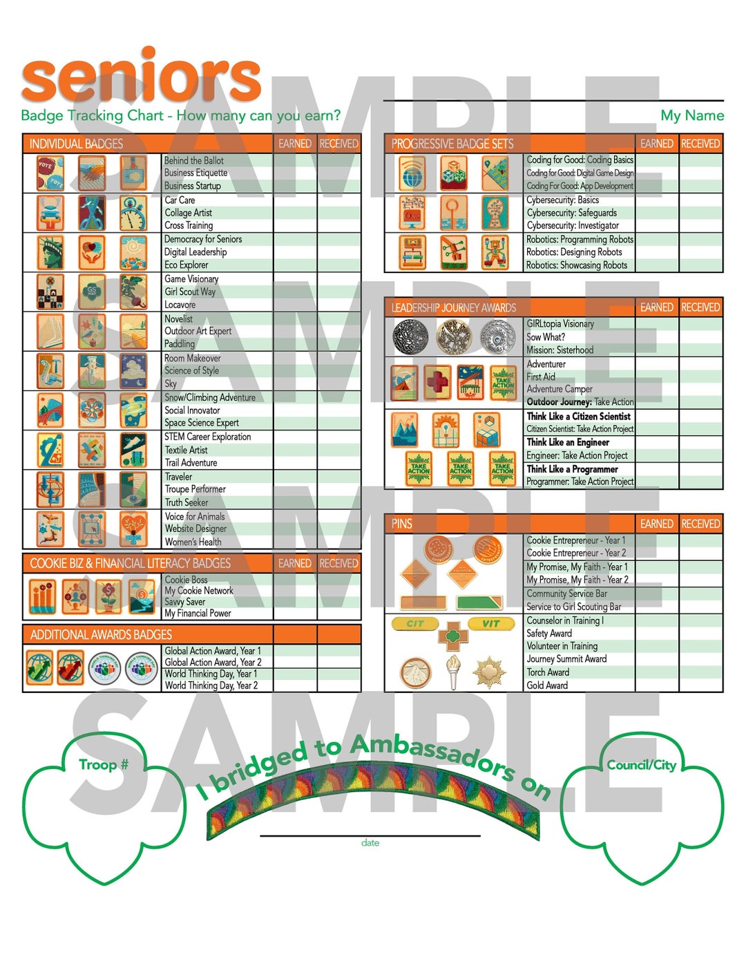 Girl Scouts Senior Badge Tracking Chart Instant Download Printable