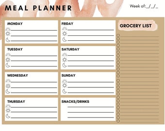 Meal Planner Printable | Aesthetic Weekly Meal Planner | Grocery List | Instant Download & Digital Use