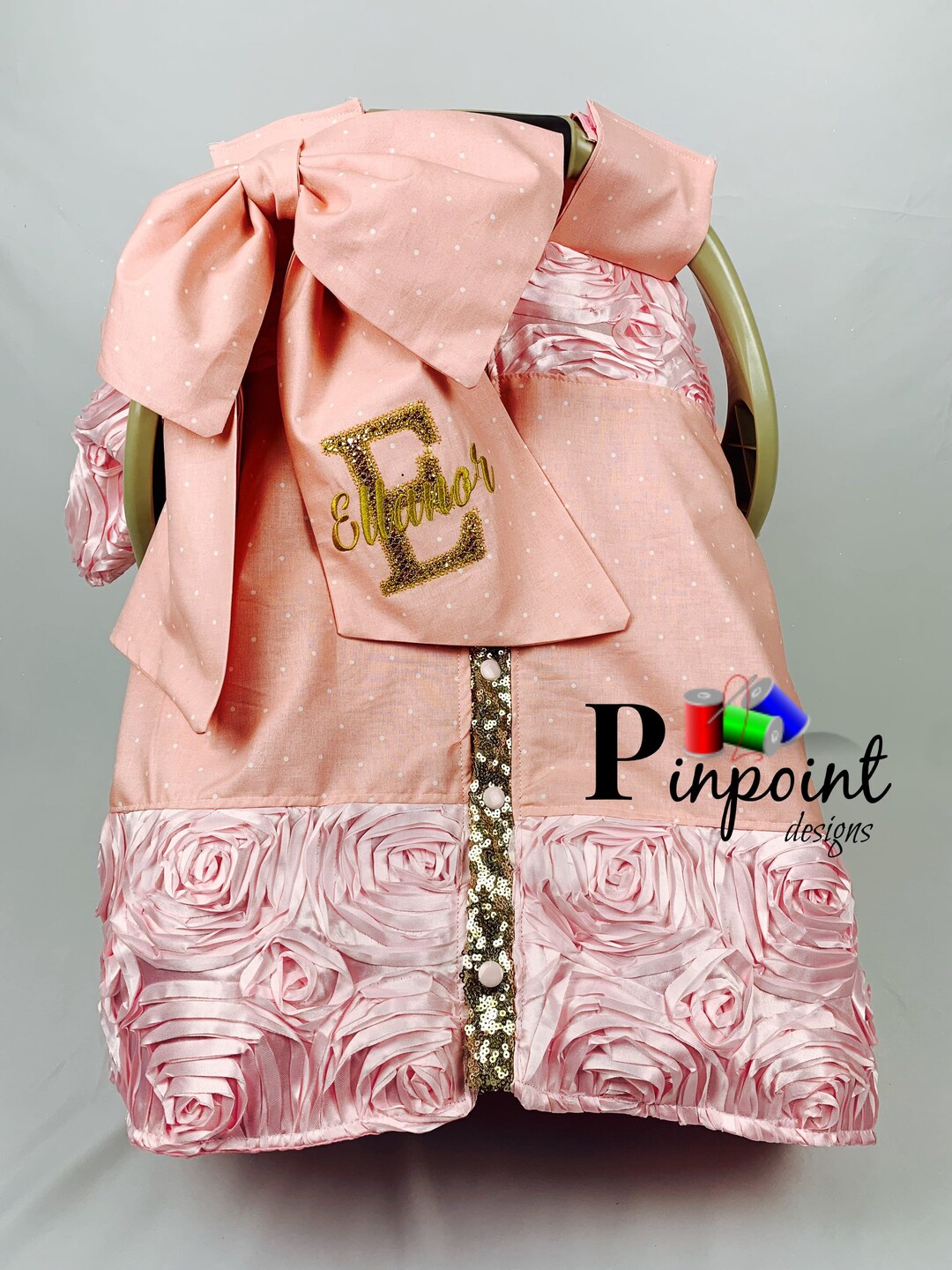 Pink and Gold Canopy, Pink Rosette Canopy, Pink and Gold Car Seat Cover