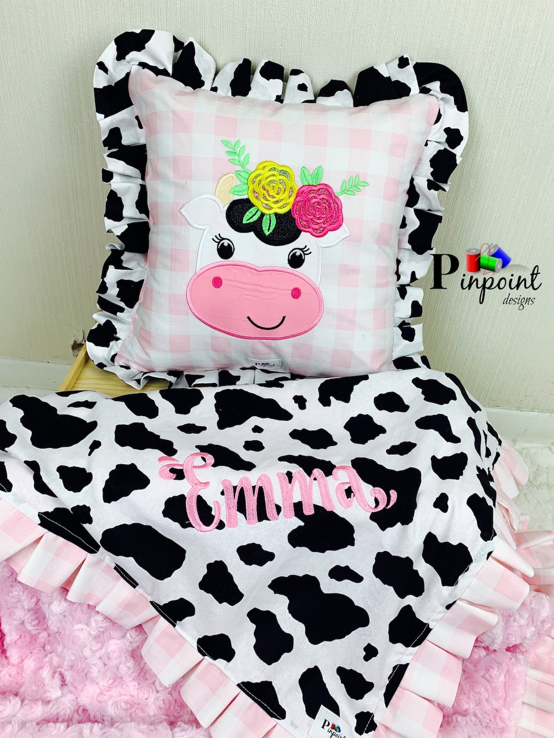 Baby Blanket and Pillow, Cow Print Blankets Cow Hide and Pink Blanket