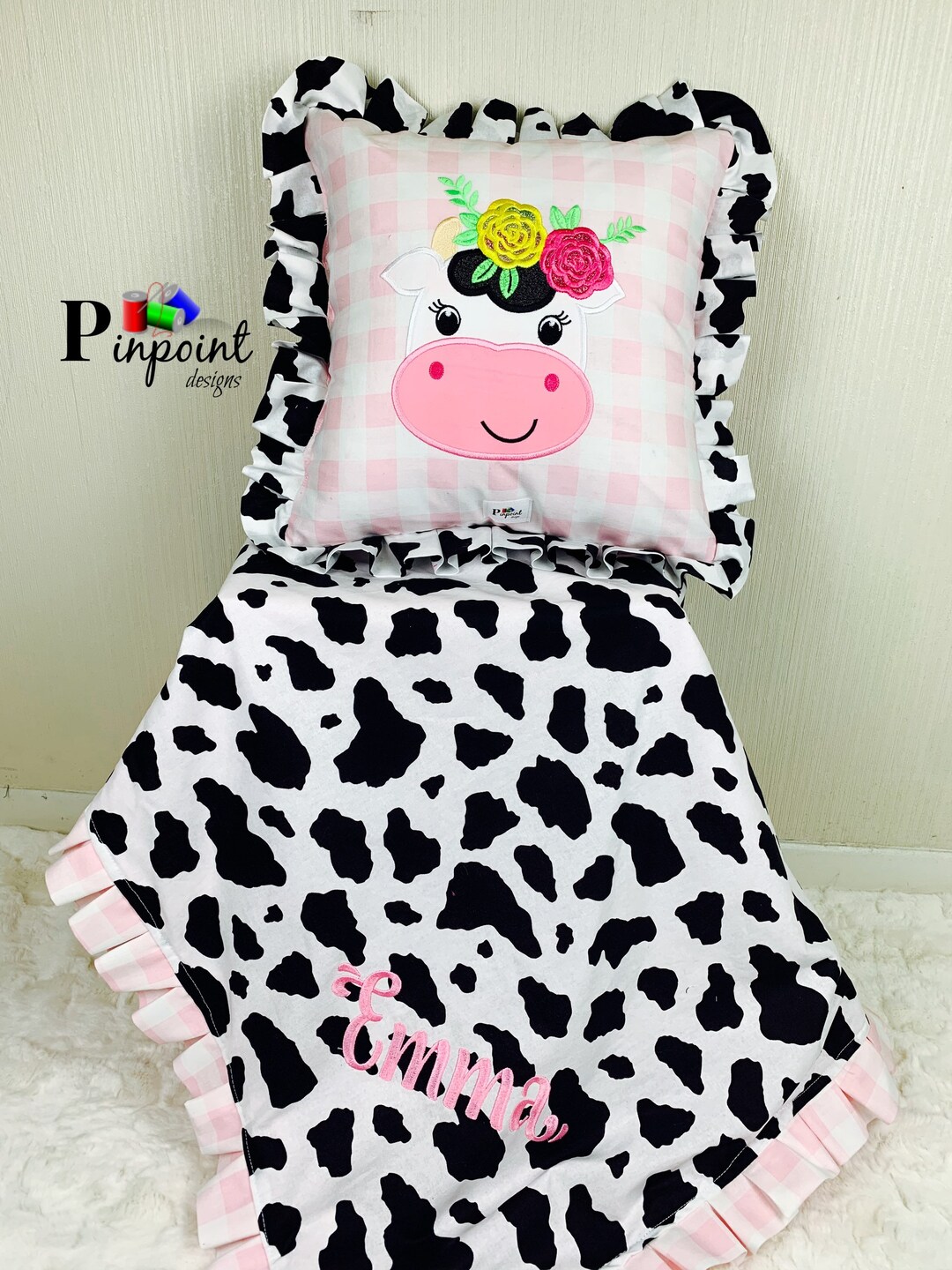 Cow Baby Blanket, Girl Baby Blanket, Girl Blanket and Pillow, Cow Baby Shower, Fabric Baby