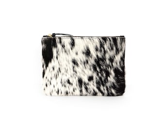 Bolsa de cremallera de piel de vaca - Blanco y negro / Embrague / Bolsa / Billetera / Bolso / Sal + Pimienta