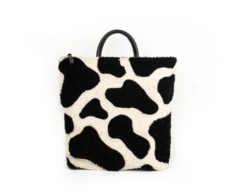 Moo Cow Print Shearling Backpack - Black and White