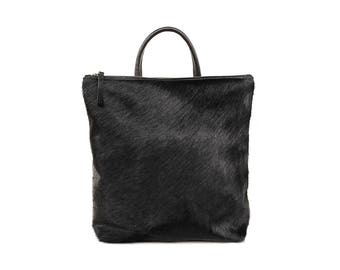 Black Cowhide Backpack | Women Backpack, Modern Backpack, Fur, Leather Backpack, Hair on Hide, Black Leather Bag, Handmade