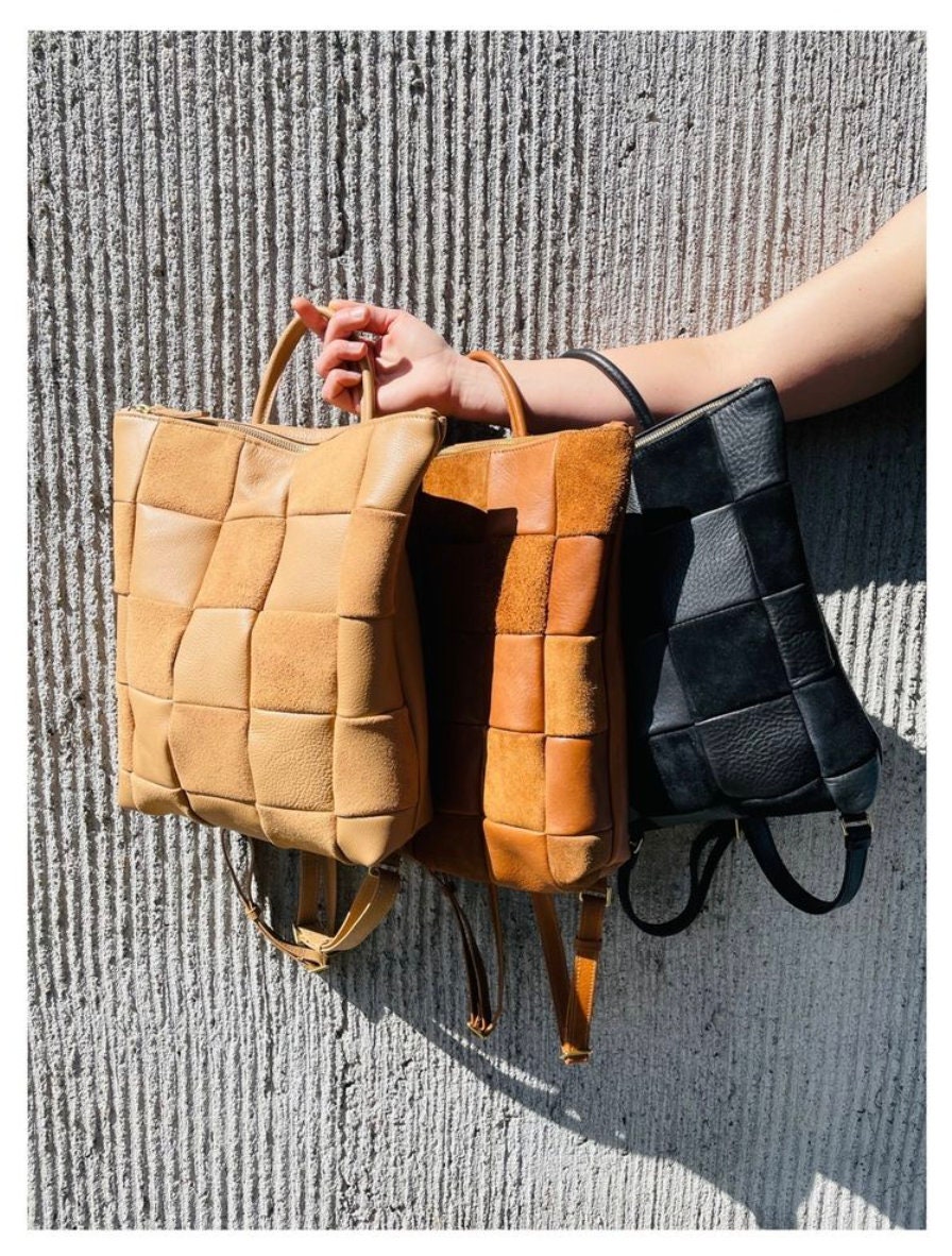 Tan Checkered Patchwork Leather Backpack - Etsy display picture 3