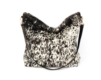Bolso de piel de vaca tipo hobo / con pelo en la piel / Bolso / Blanco y negro / Bolso de mano