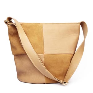 Tan Checkered Leather Bucket Bag