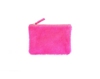 Pink Cowhide Pouch| Bag | Zipper Pouch | Pink Cowhide Leather | Pink Fur