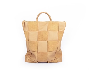 Tan Checkered Patchwork Leather Backpack