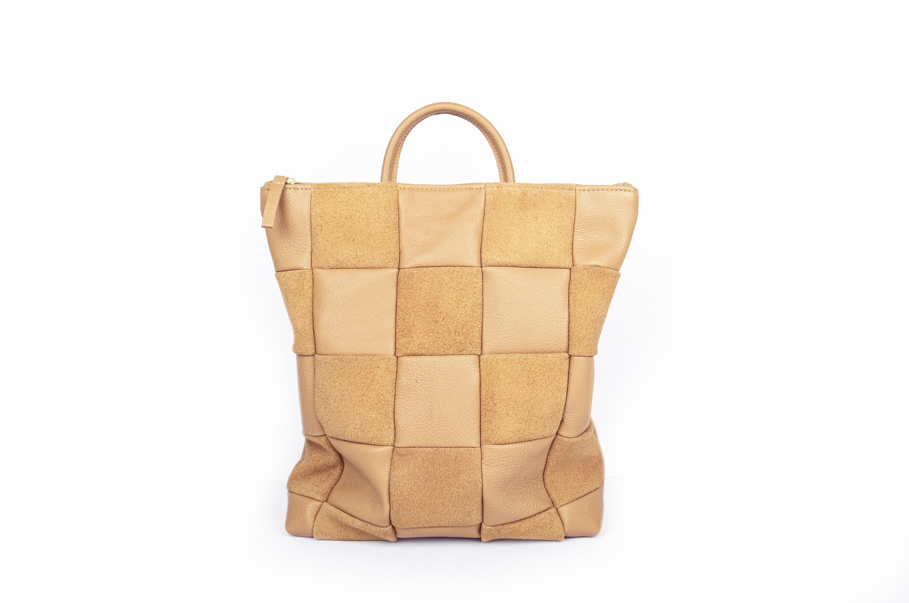 Multi-Color Patchwork Leather Backpack Purse - Brown & Tan Colorful Patchwork Top Grain Leather Backpack – FemmeFinery Shop main image 3