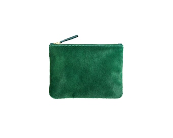 Kelp Cowhide Pouch| Bag | Zipper Pouch | Pink Cowhide Leather | Green Fur