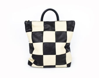 Checkered Leather Backpack Handmade