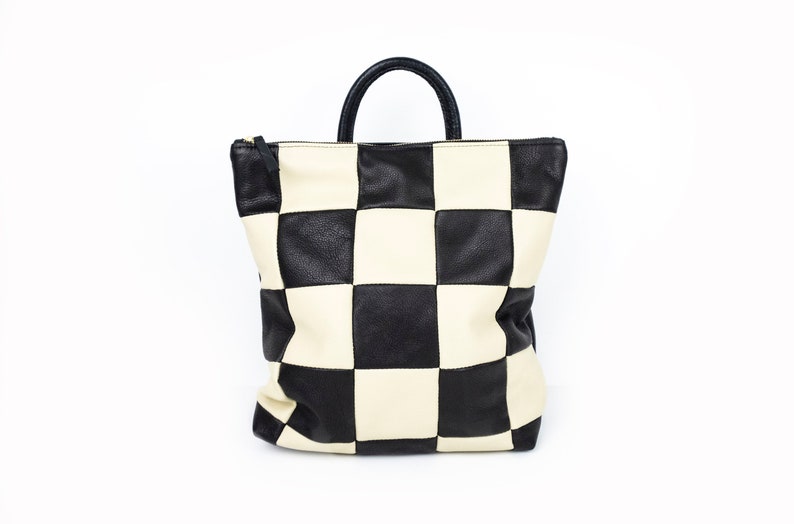 Checkered Leather Backpack Handmade image 1