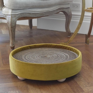 The Pop - Cat Scratcher and Bed - handcrafted in the USA with quality non-toxic materials - in vintage gold velvet