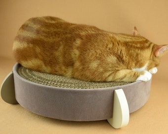 Cat Scratcher and Cat Bed - modern cat scratching pad with a fabric shell and wood legs - mink velvet