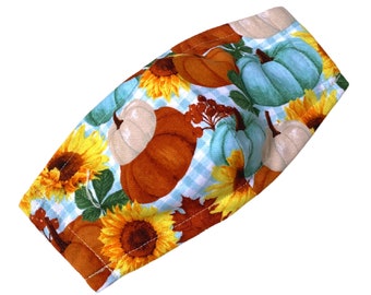 Sunflowers and Pumpkins Adult Cotton Facemask | 100% Breathable with Adjustable Nose Bridge and Ear Straps