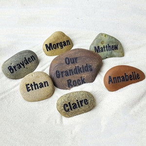 Personalized Grandkids Rock Collection | Desktop Size Engraved Natural River Rock | Family Tree Indoor Outdoor Decor