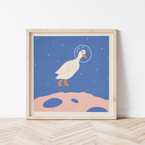 Ruimte gans print kunst aan de muur | kinderkamer kunst | schattige kunstprint | retro-inrichting | vintage kunstwerk | kunstwerk in de ruimte | grappige kunst | astronaut