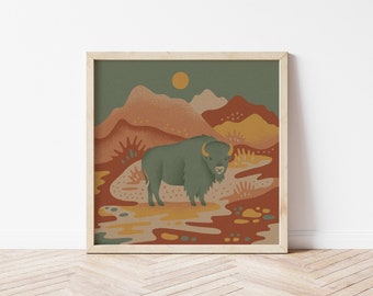 Bison Wall Art Print | Mountain Landscape | Nature Wall Art | Nature Scene | Boho Wall Art | Vintage Artwork | western art | desert decor