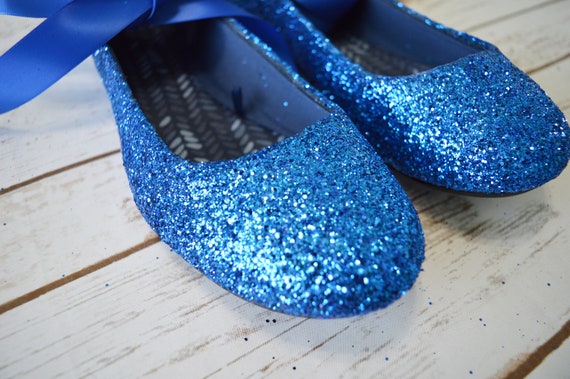 BLUE Glitter Ankle Ribbon Flat Shoes 