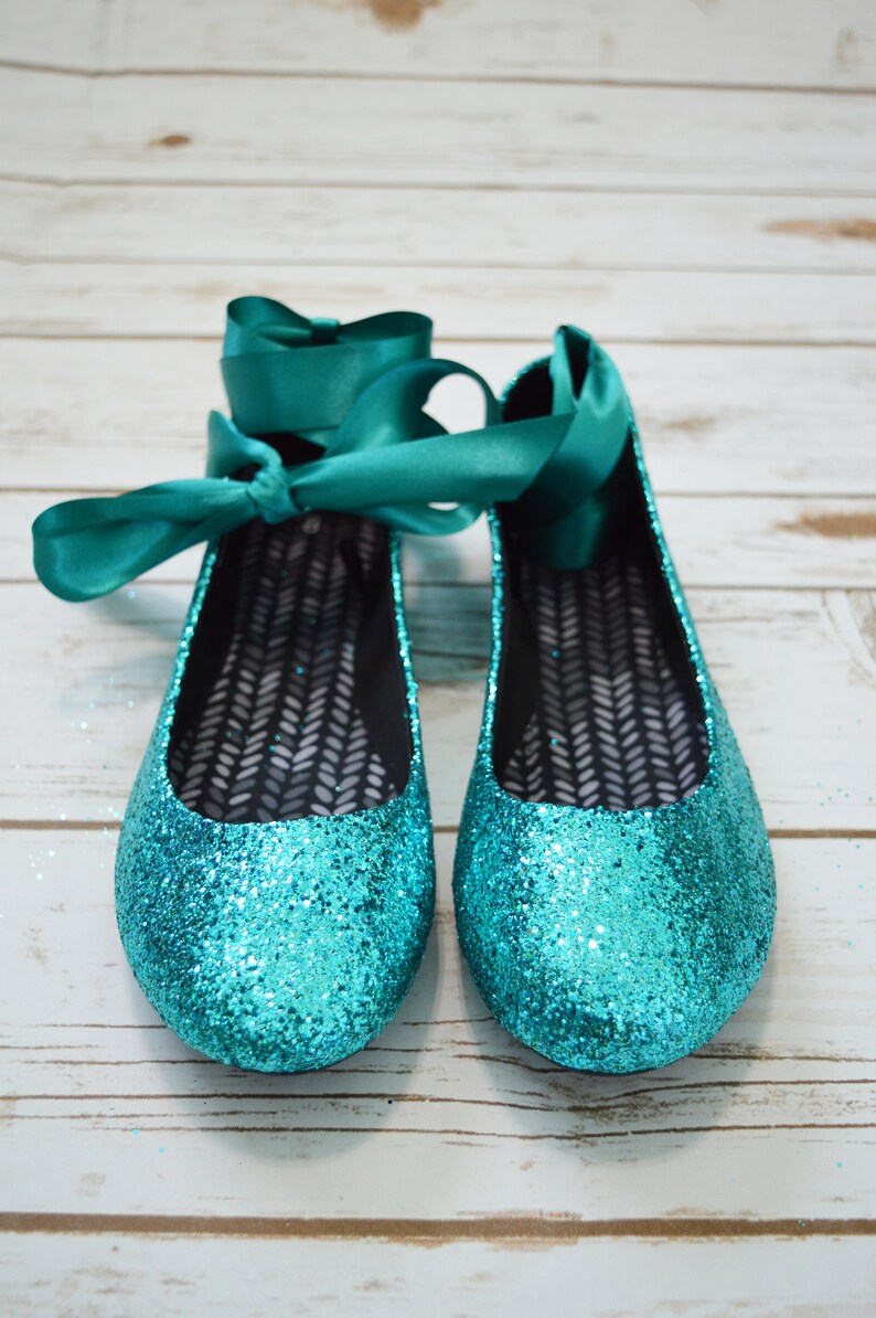 TEAL Glitter Ankle Ribbon Flat Shoes WOMAN Etsy