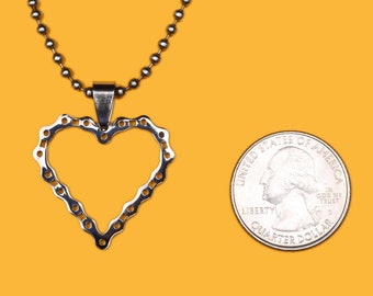 Heart Bike Chain Pendant, Stainless Steel, Shiny Polished Finish Charm -  Handmade rubber cord and Stainless Steel chain necklace included