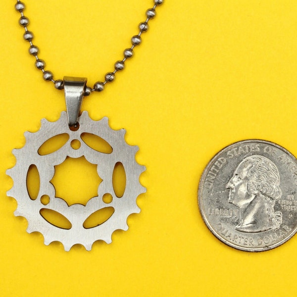 Bicycle Chain Wheel Pendant, Stainless Steel Matte Finish Bike Charm -  Handmade rubber cord  and Stainless Steel chain necklace included