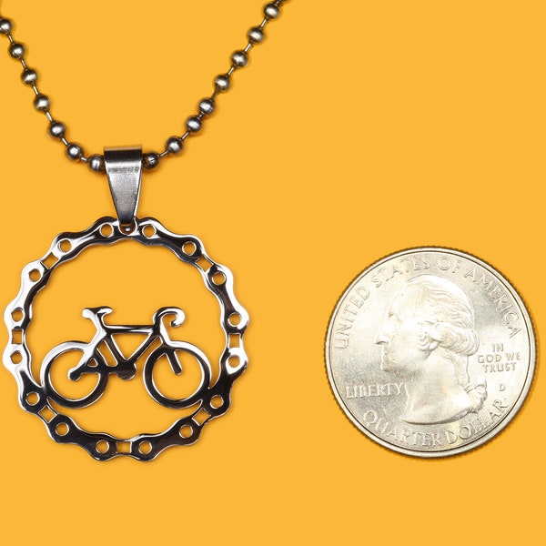 Road Bike in Chain Pendant, Stainless Steel, Shiny Polished Finish Charm - Handmade rubber cord and Stainless Steel chain necklace included