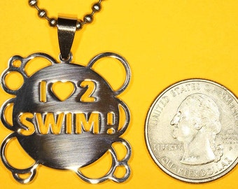 I Love To Swim, Stainless Steel, Shiny Polished Finish Charm-Handmade rubber cord and Stainless Steel chain necklace incl.
