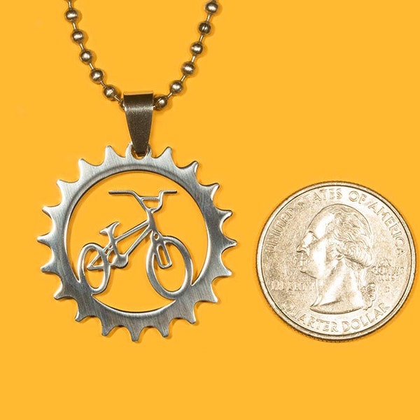 BMX Bicycle in Gear Pendant, Stainless Steel, Shiny Polished Finish Charm- Handmade rubber cord  and Stainless Steel chain necklace included